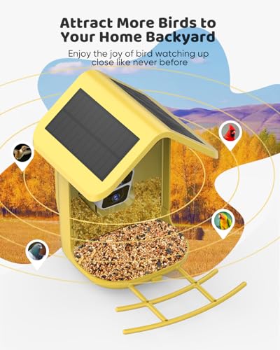 Bird Feeder with Camera Solar Powered : Smart Camera Bird Feeder 2K Live Steam for Outdoor, 5MP Photos, AI Identification, 1.8L Large Capacity, Gifts for Mom Dad, Built in Dual Solar Panel - color: Yellow