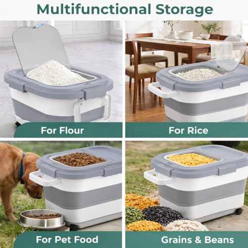 Home & Hearthly Collapsible Rice Storage Container 25–35 lbs, Airtight, Space-Saving Food Storage Bin with Wheels and Measuring Cup, Easy-Pour Grain Dispenser for Rice, Flour and Pet Food