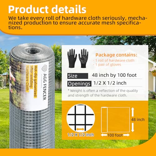 Hardware Cloth 1/2 inch 48 x 100ft Chicken Wire Fence with Gloves | Hot Dipped Galvanized After Welding Garden Plant Supports Welded Metal Chicken Wire Fence Poultry Animal Netting Cage Screen - size: 1/2in 48in x 100ft+Gloves