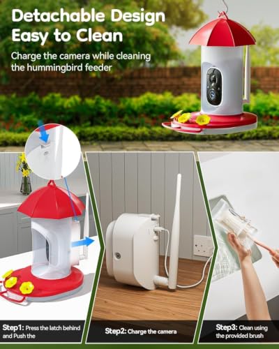 Solar Hummingbird Feeder with Camera for Outdoors, 2K Smart AI | 2K live video smart bird camera, AI species identification, Ant & bee proof, 3 feeding ports, Ideal gift for bird lovers