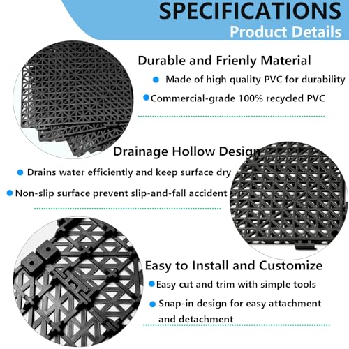 12” x 12” Drainage Interlocking Floor Mats 8 Pack for Outdoor and Indoor | Non-Slip Pool Deck Drain Mats Soft PVC Splicing Modular Cushion Rubber Flooring Tiles with Holes for Basement Garage Shed - size: Black