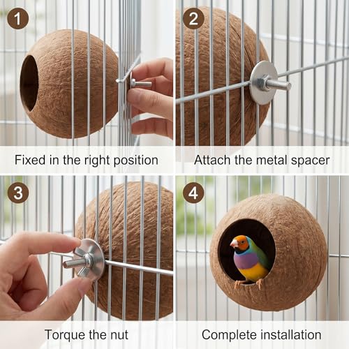 2 Pcs Natural Coconut Shell Bird Nest House Bed Breeding Nesting Anti-Pecking Bite Parakeet Hide Breeding Hut Bird Cage Accessories for Hamster Birds Parrot Budgie Lovebird Canary Finch