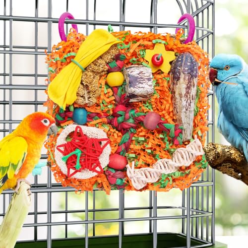 Bird Toys for Small & Medium Parrots - Natural Foraging & Shredding Cage Hanging Toys with Seagrass Mat, Starfruit, Loofah Slices for Budgies, Cockatiels, Lovebirds, Conures (1 PCS) - size: 1 PCS