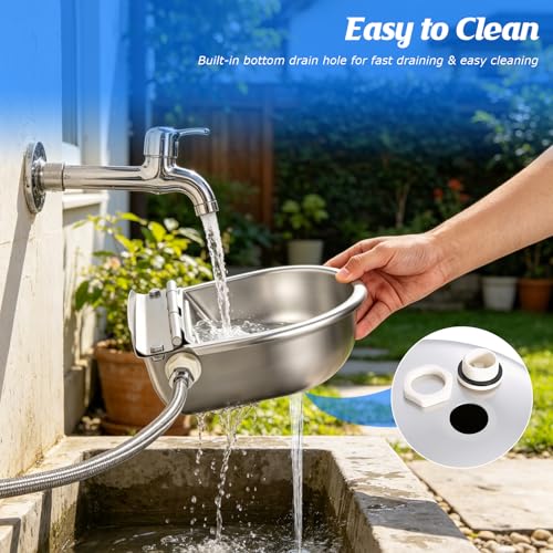 Automatic Chicken Waterer Stainless Steel with Drainage Hole | with Float Valve, Extended Pipe, Replacement Valve, Outdoor Auto Self Filling Water Bowl for Chicken,Duck,Poultry