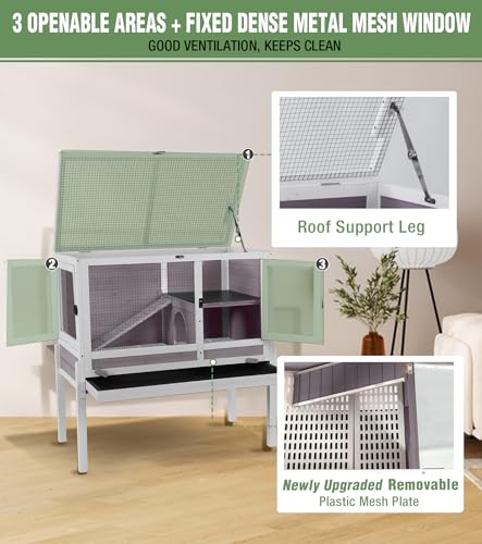 Guinea Pig Cage Indoor with Chew-Proof Edges, Clean Deep Tray | Rabbit cage with leakproof PVC layer, detachable legs, openable roof, multiple ventilated doors, Grey - color: Grey