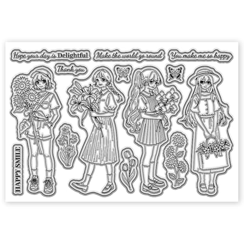 CHGCRAFT Girl and Flowers Style Clear Stamps Sunflowers and Butterflies Silicone Stamp Seal for DIY Scrapbooking and Card Making Paper Craft Decor 6.3 × 4.3 Inch - style: Girl and Flowers