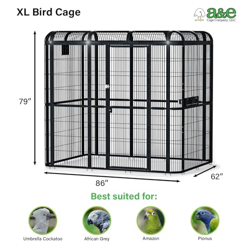 A&E Cage Co WI8662 Walk-in Bird Aviary for Parrots, 86"x62"x79" Black | Key-Lock 69"x25" Front Door, 3 Feeder Doors, Stainless Steel Bowls, Powder-Coated Finish, Room for Large Parrots - size: 86.0"L x 62.0"W x 79.0"H