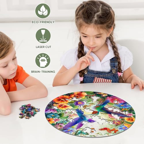 Ruikiyart Hummingbird Puzzle, 5MM 200 Pieces Birds Wood Jigsaw Puzzles, Wall Decor, Unique Shaped Round Brain Teaser Puzzles Birthday Gifts (11.2"*11.2") - color: Colorful Hummingbirds, size: 200 Pieces