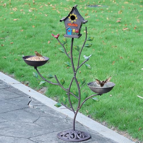 36.8" H Bird Houses for Outside, Metal Bird Bath,Birdhouses for Outdoors | 3-IN-1,Freestanding with Cast Iron Base Bird Feeder, Outdoor Garden & Courtyard Decoration