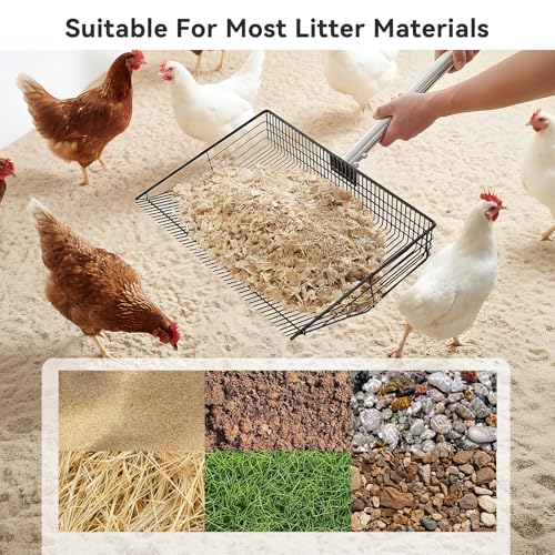 AiQInu 2-in-1 Chicken Poop Scooper & Rake for Chicken Coop, Goat Stall | Adjustable Stainless Steel Poop Scoop with 24"-90" Long Handle, Sifting Shovel for Stable Cleaning