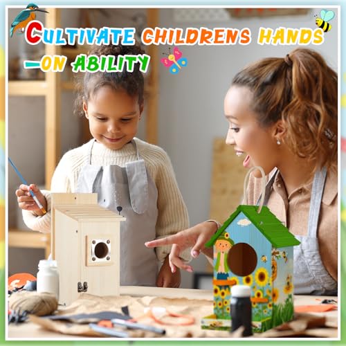 Liliful 4 Pack Birdhouse Crafts for Kids, Wooden Creative DIY Bird House Kits Arts and Crafts Set for Kids and Adults, Spring Birthday Gifts for Toddlers Ages (Playful Style) - color: red, yellow, blue, green, white, black