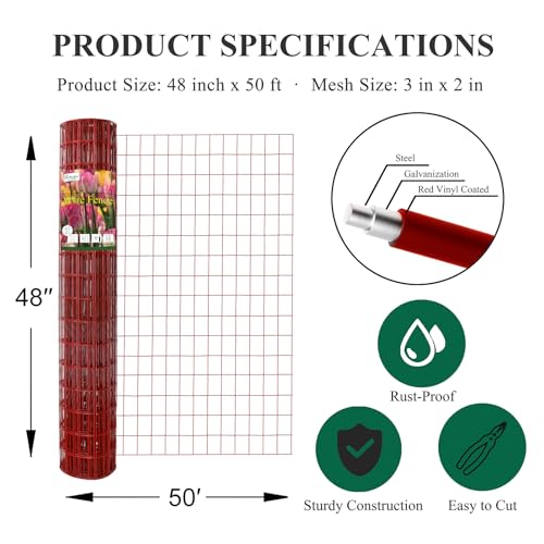 Red PVC Coated Welded Wire Fence 48" x 50' Roll, 2"x3" Mesh, 16 Gauge | Vinyl Coated Garden Fencing, Yard & Pet Barrier, Chicken Wire Fencing, Dog Enclosure Mesh, Vegetable Plant Protector - color: Red, size: 2''x3'' 16GA 48''x50'