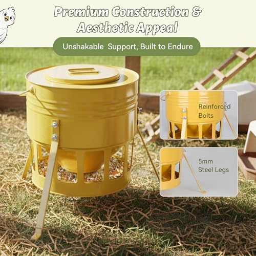 KOL Metal Chicken Feeder - 20lbs No Waste Chicken Feeder with 12 Ports, Powder Coated Rust-Proof Design & Smooth Edges for Safe Feeding (Yellow) - color: Yellow