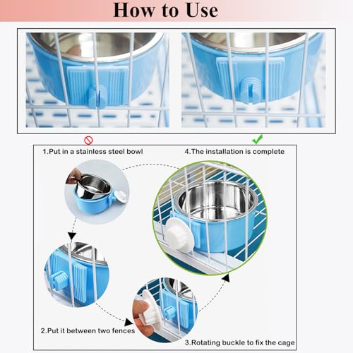 Mechpia 2 Pieces Crate Dog Bowl, Removable Stainless Steel Pet Kennel Hanging Food Water Feeder Bowl Cage Coop Cup for Puppy Medium Dog Cat Rabbit Ferret Bird (Blue,Red) - size: Blue,Red