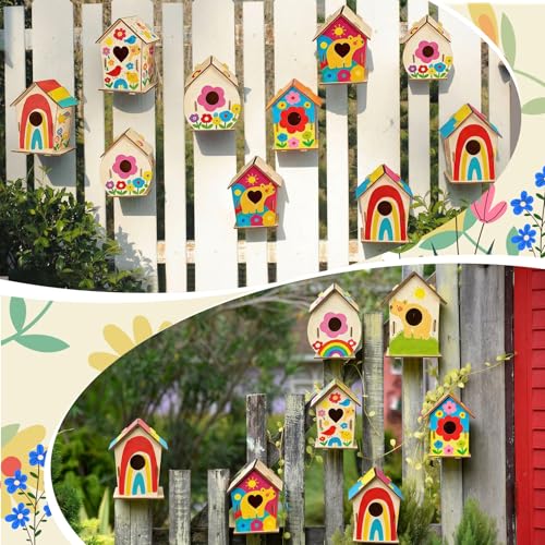 48 Pack Wooden Bird Houses to Paint DIY Crafts Unfinished Birdhouse Bulk Build Art Painting Bird House Sets Hanging Ornaments for Tree Crafts Project Creative Activity Party Gifts