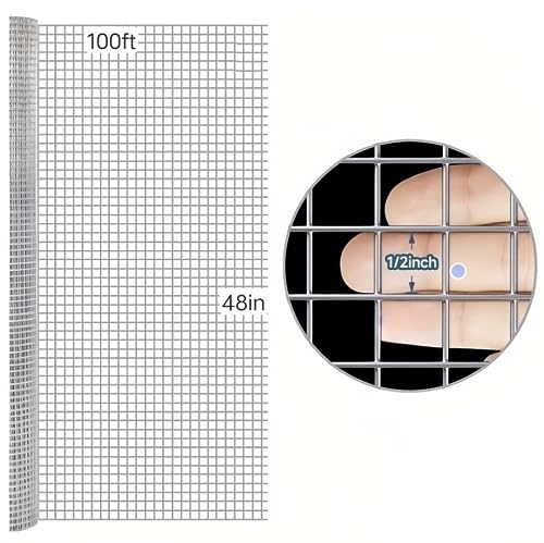 Hardware Cloth 48inx100ft 1/2 Inch Galvanized, Chicken Wire Fence Chicken Rabbit Snake cage Wire Fence Mesh Roll,Garden Plant Welded Metal Wire Fence,Poultry Animal Netting cage Screen. - color: Silver