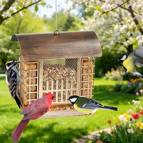 Suet Bird Feeders for Outdoors Hanging, Upgraded Metal Cage Birdfeeder | 2-in-1 Bird Feeder Attracts Woodpeckers, Finches, Sparrows - Wild Bird Feeder Ideal for Garden Yard Decor & Gift