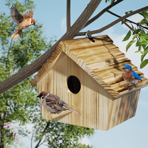 Auslar Bird Houses for Outside, Hanging Wooden Bluebird House for Outdoors | Birdhouses for Bluebird Cardinal Finch Wren Swallow, 1.57" Hole Bird Nesting Box with Perch & Hook, Garden Backyard Decor - style: Herringbone