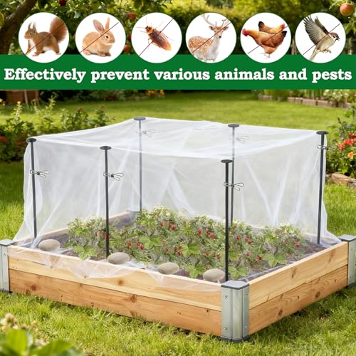 Metal Garden Netting Kit, 6 Pack 2.6ft Raised Garden Bed Net Support Stakes with 13×10ft Fine Mesh Insect Netting 12pcs Clips Bird Barrier Screen Cover for Protect Plant Vegetable Row from Animals Bug - color: 6 Poles With 10×13 Ft Netting