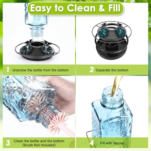 20oz Glass Hummingbird Feeder for Outdoors Hanging, Bird Nectar Feeder with 4 Bee Guard Flower-Shaped Feeding Ports & Built-in Ant Moat, for Bird Lover, Blue (2 Pack) - color: Blue 2 Pack