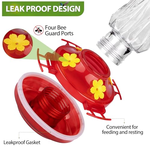Glass Hummingbird Feeders for Outdoors, Built-in Ant Moat, Red, 15oz | 4 Bee Guard Feeding Ports with Perches, Leak Proof, Stars Decor, Easy Refill & Clean, Yard Decor, Gifts for Women Men Mom Dad - color: Red