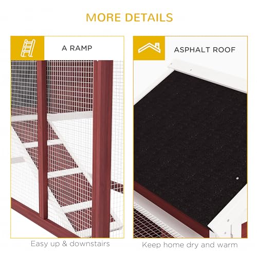 PawHut 49" Wooden Rabbit Hutch Bunny Cage with Fun Outdoor Run Brown | Waterproof Asphalt Roof, Removable Tray and Ramp, for Rabbits, Chickens, Ducks - color: Brown and White