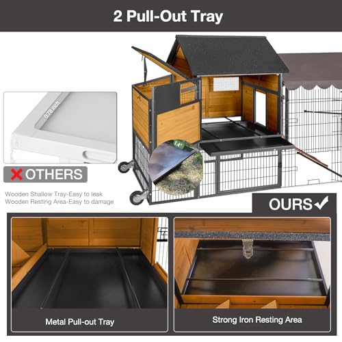 Mobile Chicken Coop with Wheels for 6–8 Chickens, Large Outdoor Chicken Coop with Run, Weatherproof Asphalt Roof, Dividable Nesting Boxes and Pull Out Trays，85.6" L x 40.6" W x48.2 H
