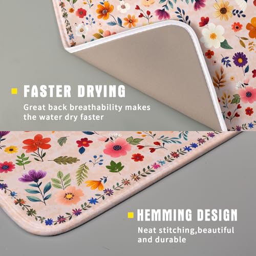 Boho Floral Dish Drying Mat - Pink Wildflower Absorbent Microfiber Kitchen Counter Pad for Home Coffee Bar Decor - color: Wildflowers Pink, size: 18" x 16"