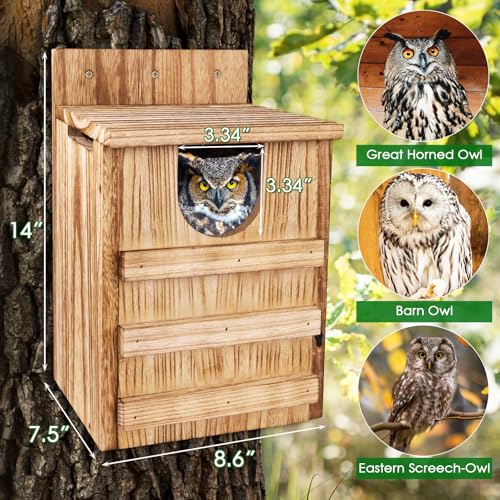 Owl House, Large Wooden Owl Nesting Box for Outside (8.7" x 7.5" x 14.2"), 3.3" Predator-Deterrent Entrance, Side Vent Holes & Bottom Drainage, Includes 2 Coco Liners, Easy Assembly