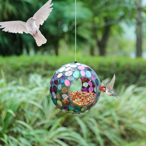VCUTEKA Mosaic Bird Feeders Fly Through Hanging Birdfeeder for Garden Decor | 7 in Mosaic Glass Bird Feeeder for Outdoors, Purple Round Shape Glass Container Attract Wild Birds for Backyard Porch Decor - color: Black