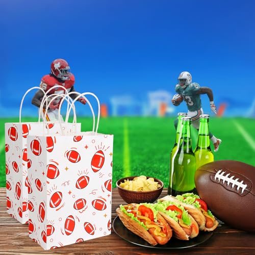 12 PCS Football Paper Bags with Handles for Goodie Candy Treat Goody Snack Gifts Wrap Football Theme Birthday Team School Class Party Favors Supplies Bulk Trunk or Treat Tailgate Plastic Baggies - color: 12pcs football bags