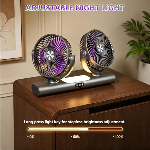 Quiet Fan with 360° Dual Heads, Battery Operated Desk Fan, 3-Speed Side Table Fan, Bedside Table Fan with Night Light, Portable Fan Wall Mount or Ceiling Hanging for Camping Bedroom Office (Grey)