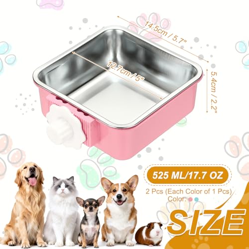 Crate Dog Bowl, Removable Stainless Steel Pet Cage Hanging Anti-Overturn Food Water Feeder Cage Cup (2Pcs, Square, Pink/Light Blue, 17.7oz), Intended for Puppies/Cat/Rabbit/Bird - color: Pink/Light Blue, size: 5.7"(17.7oz)
