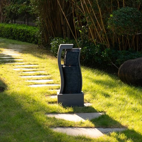 34" Outdoor Water Fountain - Durable Polyresin Modern Style Waterfall with LED Lights & Adjustable Pump, Serene Water Fountain Outdoor for Garden, Patio, Deck, and Backyard Decor (34.06") - size: 34.06"
