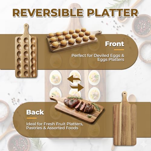 Wooden Deviled Egg Platter, Reversible 18-Hole Charcuterie Board Tray | Charcuterie serving board, food safe egg holder, perfect for kitchen countertop, parties, holiday gatherings, holds 18 eggs. - size: 18 holes