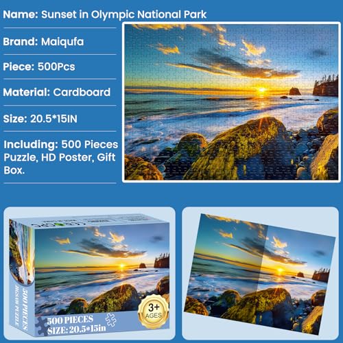 500 Pieces Puzzle for Adults - Olympic National Park Jigsaw Puzzle for Adults Teens,Recycled Cardboard Sunset Beach Puzzle 500 Pieces,Challenging Game for Family Fun & Gift Idea,20.5 x 15 in - color: Olympic Park
