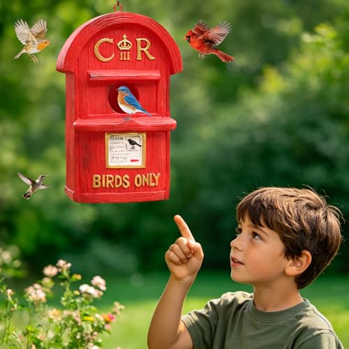 Bird Houses for Outside Red Mailbox Birdhouse with Hand-Painted Resin Birdhouses for Outdoors for Bluebird Finches Cardinals Bird Nesting Garden, Patio, Yard - color: Red
