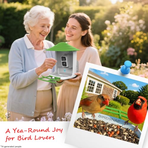 birdsnap® TUC Bird Feeder with Camera Solar Powered 2K Video with 32GB Card | AI Bird Species Identification, Squirrel-Proof, IP65 Waterproof, Outdoor Wireless, 2.4G WiFi, Gift for Mom Dad Bird Lovers - color: Green
