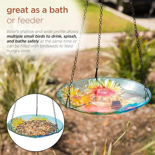 Alpine Corporation KBD126 Outdoor Hanging Glass Bird Feeder and Birdbath, Floral and Bee Bowl Design with Chain, 10" W - style: Floral and Bee