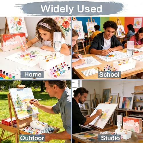 Paint Brush Cleaner Tool,Painting Running Water Circulation Art Supplies,with Brushes,Colors Paint,Watercolor Paper,Paint Station Creative Gift for Kids Girls Adult Artist Beginners (White) - color: White
