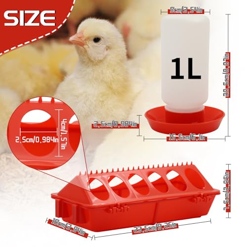Chicken Feeder and Waterer Kit | Flip Top Chick Feeder with 12 No Waste Feeding Holes,1L Plastic Waterer,Starter Kit for Baby Chicks, Ducks,Easy Fill