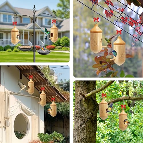 Hummingbird House, Small Hummingbird Houses for Outside | Wooden Bird House with Bow, String, Cute Gardening Gifts Home Decoration, Attractive Hummingbird Garden Decor - color: Style-2, size: 3 Pack