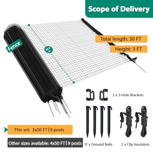 HIDALIFE Temporary Fence with Posts,Safety Barrier for Dog Snow Plastic Mesh Fencing with Fiberglass Stake Windbreak Rope,Movable Fencing Roll for Garden Backyard Outdoor Animal Protect (3’×50' Black) - size: 3’×50' Black