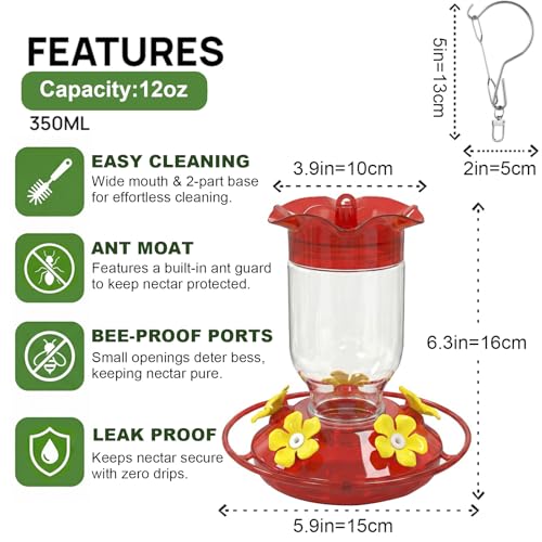 Hummingbird Feeders for Outdoors 2 Pack 12oz Plastic Leakproof | Wide Mouth Easy Clean, Clear Bottle, 5 Feeding Ports, Detachable Base, Weatherproof Hook, Compact for Small Yards