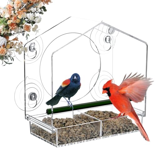 Window Bird Feeder with Strong Suction Cups - Slide-Out Tray | House shaped clear acrylic, 2.36" large suction cups, bird feeder for window viewing, birdwatching gift for parents - color: blue, size: 3.94IN