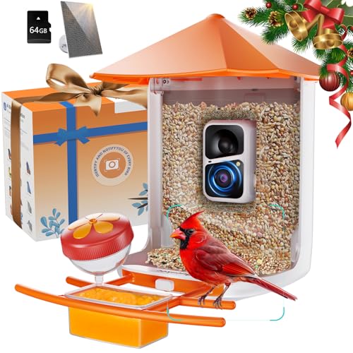 Smart Bird Feeder with Camera, 2K HD, AI Bird ID, Solar Powered | Auto-captures backyard visitors, sends real-time alerts, stores clips on 64GB card and includes DIY add-ons for bird lovers