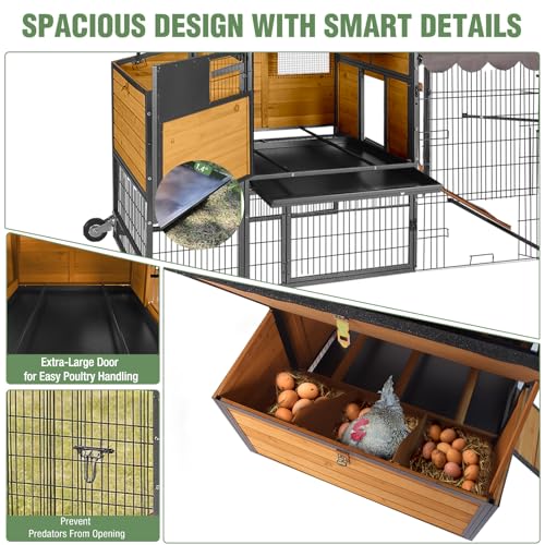 GUTINNEEN 85.6" Large Chicken Coop with Run for 6-8 Chickens, Heavy Duty Chicken Tractor with Wheels, Wooden Chicken House with Reinforced Steel Frame, Nesting Box & Pull-Out Metal Tray - color: (Brown-AIR7006)