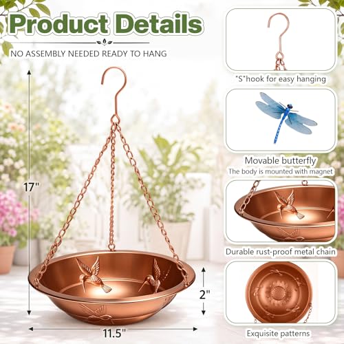 2 Pcs Hanging Bird Bath for Outside, 11.5" Antique Copper Metal Bird Feeder Birdbath Bowl with Rust-Proof Chains Simulated Dragonfly for Outdoor Garden Backyard Patio Yard Decor