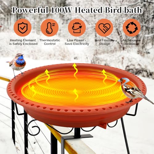 Lovppy Heated Bird Baths for Outdoors for Winter, 100W Heated Bird Bath Water Heater with Thermostatically Controlled, Heated Bird Bath for Deck Railing Outside Garden Patio Yard (Brown) - color: Brown