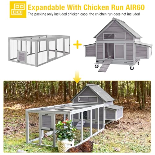 Aivituvin 63.7" Large Chicken Coop on Wheels – Movable Wooden Hen House for 3-6 Chickens with 2 Nesting Boxes, Removable Tray & Raised Design for Better Poultry Care - size: 67.3"L x 40.0"W x 49.8"H